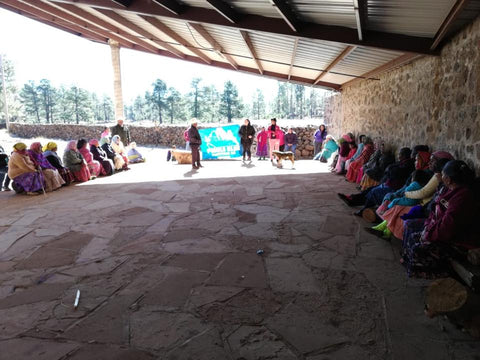 Tarahumara tribe members gather at the Guachochi community center for the food drive